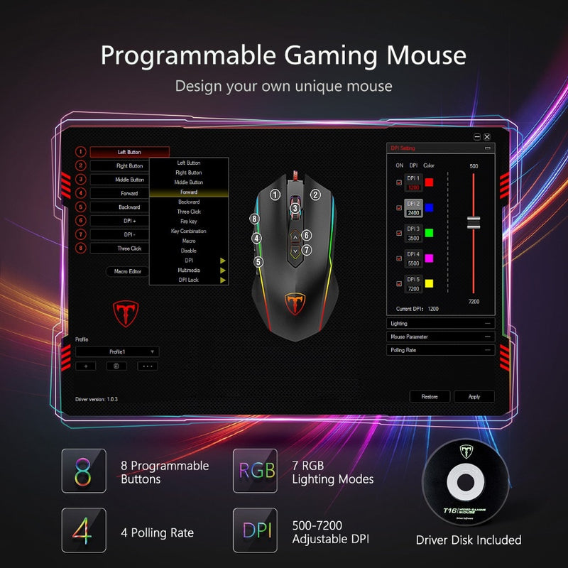 Mouse Gamer VicTsing - 8 Botões Programáveis - 7200 DPI